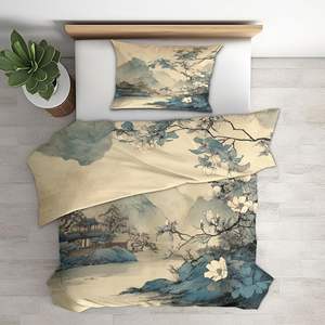 Parure de <span class=keywords><strong>lit</strong></span> <span class=keywords><strong>montagne</strong></span> bleue à motifs floraux, 3 pièces, housse de couette en microfibre douce à motifs avec attaches à fermeture éclair et 2 taies d'oreiller - Product Image 3