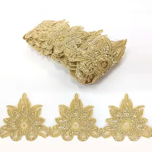 DIY sewing metalic fabric bridal vail wedding costume gold sequined flower mesh embroidery lace trim