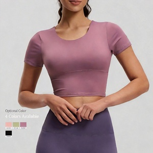Haut de yoga pour femme à manches courtes, coupe ajustée, en nylon et élasthanne, séchage rapide, sensation seconde peau, avec soutien-gorge intégré, idéal pour la gym, le yoga, la course et le fitness - Product Image 2