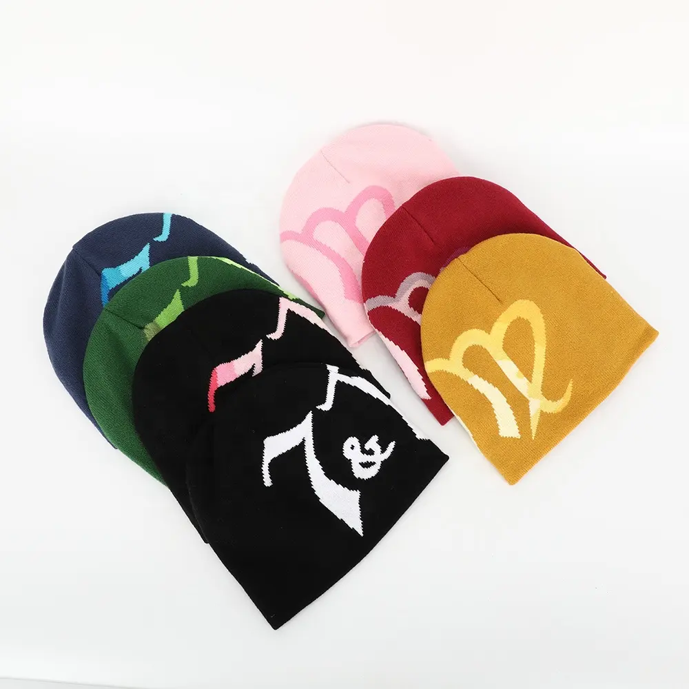 Оптовая продажа, спортивная шапка с индивидуальным логотипом для мужчин и женщин, шапка с акриловым черепом, жаккардовая шапка с манжетами и напуском, зимняя шапка