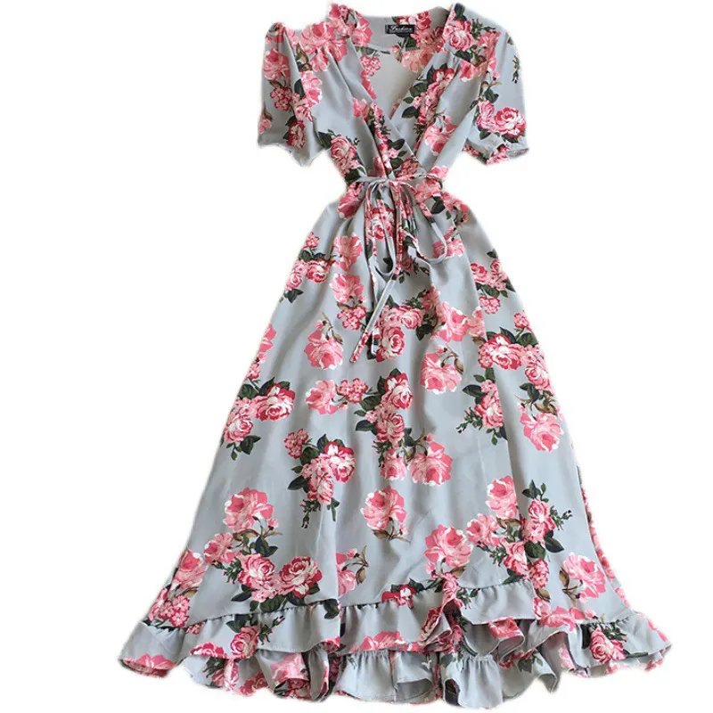 Korean Fashion Floral Print V Neck Short Sleeve Elegant Dresses Wrapped Dress Women Casual Clothing