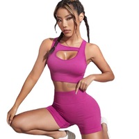 Ensemble 2 pièces de sport pour femme, soutien-gorge et short, tricoté sans couture, très extensible, couleur unie, anti-humidité, tenue de yoga, Printemps/Été, Transfrontalier