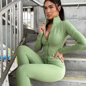 2022 kadın 6 parça nervürlü Yoga seti fermuar doğal renk giyim Suit Jogger dikişsiz spor spor egzersiz spor giyim