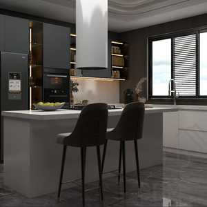 Meubles de cuisine contemporains avec îlot, armoires en bois mat et blanc brillant, plan de travail en quartz, meubles pour la maison - Product Image 3