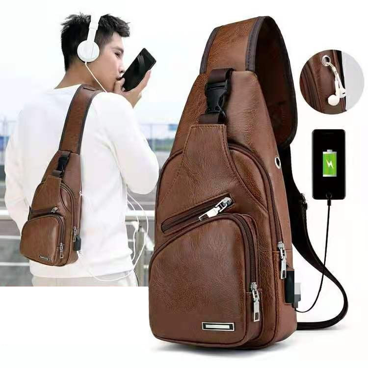 Phone case New Korean Fashion Single Shoulder Briefcase Sling Bag Men's PU Leather Charging Chest Bag Outdoor Free