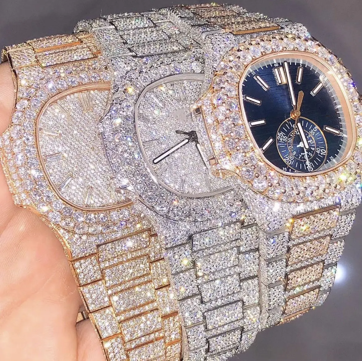 래퍼 VVS 다이아몬드 손목 시계 힙합 아이스 아웃 남성용 모이사나이트 시계