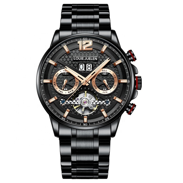 Luxury Stainless Steel Band Crystal Analog Water Resistant Luminous Mechanical Chronograph Tourbillon Automatic Watches Men