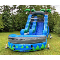 Toboggan aquatique gonflable de 22 pieds en marbre bleu irisé avec piscine, grand toboggan aquatique gonflable en forme de palmier, PVC commercial certifié CE