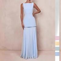 Robe longue plissée unie pour femme, col rond, sans manches, plis verticaux, ourlet évasé, pour l'été, les soirées, les mariages, vente en gros, OEM