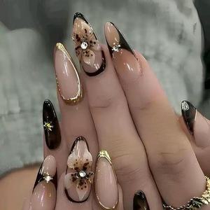 24 Uñas Postizas con Pegamento de Gel, Diseño de Flores y Mariposas, Uñas Francesas Largas Tipo Bailarina, Uñas Acrílicas de Cobertura Completa, Puntas de Uñas a Presión - Product Image 3