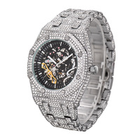 Montre automatique squelette pour homme entièrement sertie de zircone cubique, lunette octogonale, vis serties de pierres, cadran ajouré, bracelet pavé, montre-bracelet de luxe