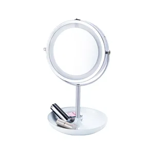 Fashion Plastic Double Sided Table Stand Mirror Desktop Cosmetic Light Mirror With Storage