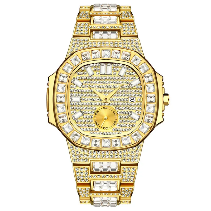Золотые мужские роскошные золотые мужские часы с логотипом на заказ с искусственным бриллиантом