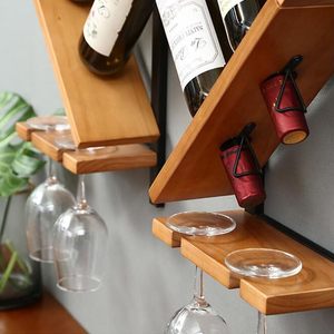 Porte-bouteilles de vin mural en bois personnalisé, support de bouteilles de vin suspendu, étagères de présentation de vin, porte-verres à pied inversé, bars - Product Image 4