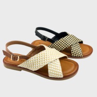 Sandales plates pour femmes à motif bohème tissé, à bout rond ouvert, avec bride arrière réglable, sandales décontractées de plage pour femmes, vente en gros