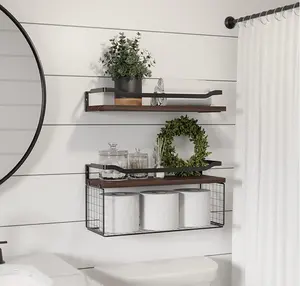Hot Style Hanging Storage Metal Antique Industrial Wall Display Shelves Rustic Wood Mounted Wall Floating Shelf