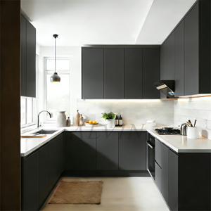 モダンなキッチンキャビネットデザイン マットブラック ハンドルレス RTA ソフトクローズ付き 都市部の住宅リフォーム向け - Product Image 1