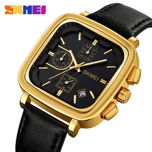 Skmei 2182 relógio de quartzo masculino de 10 marcas, pulseira de couro genuíno com 3 mostradores, cronógrafo quadrado, relógio de mão comercial