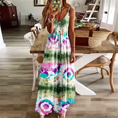 2021 in estate plus size abito da donna alla moda con scollo a v e stampa floreale abito da spiaggia lungo colorato allentato floreale