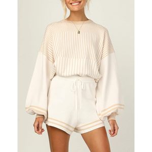 FOXA Women's Striped <b>Knit</b> Sweater Shorts <b>Set</b> Long Puff Sleeve Casual Outfit Breathable Polyester Cotton - Product Image 2