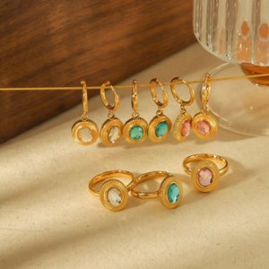 Juego de Anillos y Pendientes Retro Ovalados de Zirconia Estilo Europeo-Americano, con Engaste de Bisel de Acero Inoxidable 18K, Joyería de Moda para Fiesta - Product Image 2