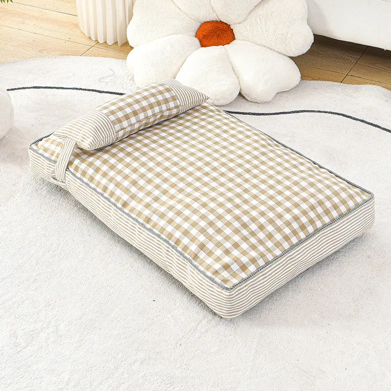 Cama lavable para perros y gatos con patrón a cuadros de moda de alta calidad con almohada cama suave para mascotas para perros pequeños, medianos y grandes productos para gatos