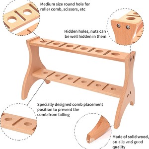 Support de rangement en bois massif à 2 niveaux pour outils capillaires, peignes, ciseaux, brosses, maquillage, organisation de bureau et de salle de bain - Product Image 5