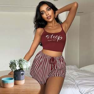 Conjunto de Pijama de 2 Piezas para Mujer, Marca I-0555, Camiseta de Tirantes + Pantalones Cortos, Estampado a Rayas, Ropa de Dormir Europea - Product Image 3