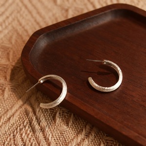 S925 Sterling <b>Silver</b> C-Shaped <b>Huggie</b> Earrings Brushed Texture Everyday Wear Stud Earrings - Product Image 1