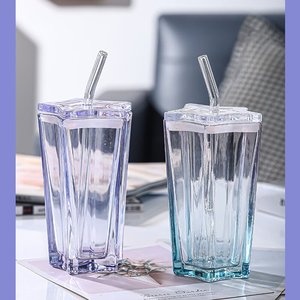 Tazza da <span class=keywords><strong>Caffè</strong></span> in Vetro Colorato con Stella a Cinque Punte, Bicchiere per Bevande Fredde con Coperchio e Cannuccia - Product Image 6