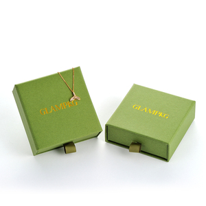Custom Gold Foil Logo Green Ribbon Pull-Out Sliding Drawer Jewelry <b>Box</b> with Black Foam Insert for Pendant Ring <b>Earrings</b> - Product Image 5