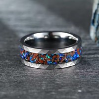 Gentdes Jewelry Custom 8MM Cool Men Marmered Ring Délicat Os de Dinosaure Crushed Opal Inlay Tungsten Ring Meteorite Wedding Ring