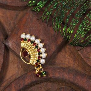 Anillo de Nariz Tradicional Indio con Perla, Chapado en Oro, con Flor de Cobre, Nath Nathani para Mujer, Joyería para Novia, Boda, Piercing - Product Image 3