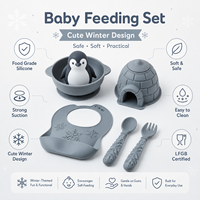 Ensemble d'alimentation pour bébé en silicone personnalisé sur le thème de l'hiver : bol pingouin, tasse igloo, bavoir flocon de neige, cuillère et fourchette – sans BPA – Vaisselle pour tout-petits