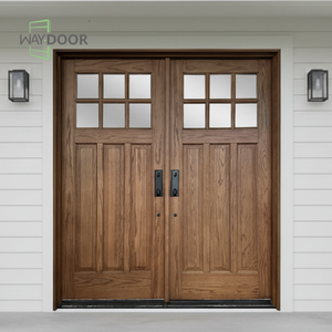 أبواب أمامية خشبية مخصصة من السنديان والماهوجني للمنازل، عازلة للصوت بلمسة نهائية مع حشوات زجاجية، باب أمامي مزدوج من الخشب المصمت الخارجي - Product Image 1