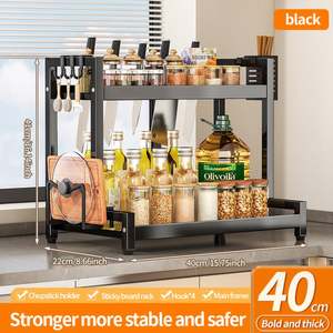 Modern 2-Layer <b>Kitchen</b> Countertop Spice Organizer Rack Multi-Functional Metal Seasoning Storage with <b>Hooks</b> and Chopstick Holder - Product Image 4