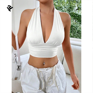 Ladies <strong>White</strong> Deep V Neck Halter Crop <strong>Top</strong> Femme Custom Slim Fit Stretchy Sexy Summer <strong>Backless</strong> <strong>Tops</strong> for Women - Product Image 3