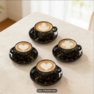 Bulk Black Gold Marble Stackable Coffee <b>Cup</b> Saucer Set Metal Rack 270ml 6pcs Ceramic Mugs Custom Logo Cafe Hotel Supermarket - Product Image 3