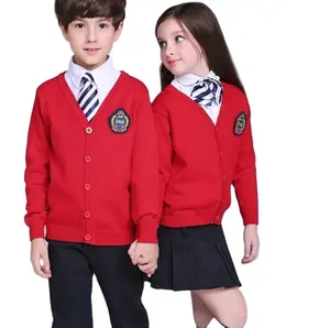 สเวตเตอร์ถักคอวีสำหรับเด็กเสื้อสเวตเตอร์คาร์ดิแกนสำหรับนักเรียนใส่ไปโรงเรียน