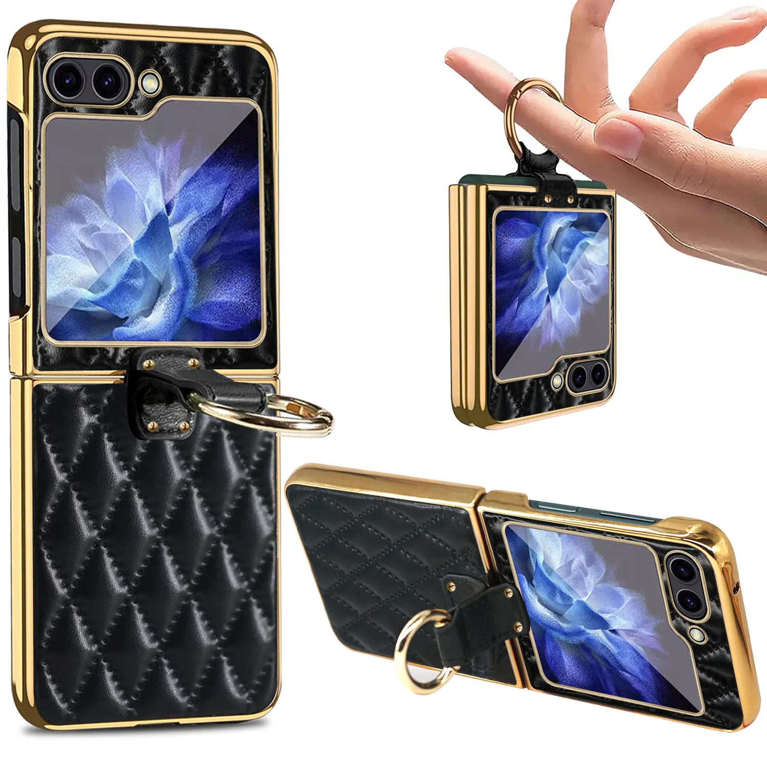 VIETAO Étui de luxe design z flip 5 ring avec protection d'écran Étui en cuir pour téléphone portable avec support de bague pour Samsung z flip5