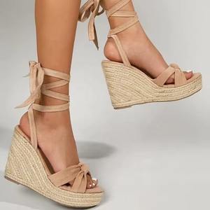 Design de fabricant personnalisé mode d'été <span class=keywords><strong>à</strong></span> lacets talon haut couleur abricot plate-forme noeud avant jambe Espadrille sandales <span class=keywords><strong>compensées</strong></span> - Product Image 2
