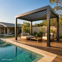 Pergola moderne en aluminium noir à lames orientables avec toit en verre trempé pour structure d'ombrage extérieure, véranda, couverture de patio