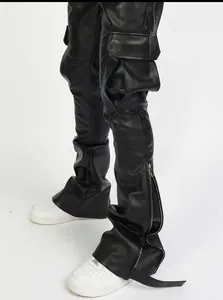 KY New Faux Leather Stacked Flared Bell Bottom Pants Custom Leather Y2k Pants Motorcycle Pants For Men Hip Hop