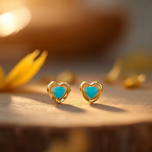 Alloy <b>Stud</b> <b>Earrings</b> Cute Gold Plated Heart Shape with <b>Turquoise</b> Bezel Setting Gift for Women Zinc Alloy Jewelry - Product Image 3