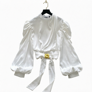 <b>White</b> Satin Blouse for <b>Women</b> Full Sleeve <b>Shrug</b> with Waist Bow Summer Casual Wear Front Logo Stand Collar - Product Image 1