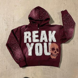 Sudadera con capucha personalizada con cremallera, ajuste cómodo, estilo urbano, con estampado gráfico de calavera con pedrería, para hombre, de tejido grueso y efecto desgastado - Product Image 1