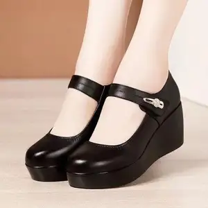 Women's Comfort Black Red Leather Loose Toe Wedges Office Shoes For Women
