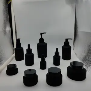 Set Kemasan Kosmetik Bahu Miring Matte Hitam Perawatan Kulit Produk Kosmetik Botol Kaca dengan Penitis Hitam dan Stoples dengan Tutup