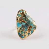 Anneaux ajustables pour femmes en or véritable plaqué 18 carats avec grande pierre précieuse en turquoise bleue naturelle