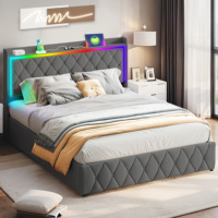 Tempat Tidur Penyimpanan Hidrolik Berlapis Beludru Grey Diamond Tuft dengan Headboard LED RGB yang Dapat Dikontrol via Aplikasi dan Stasiun Pengisian Daya USB Type C